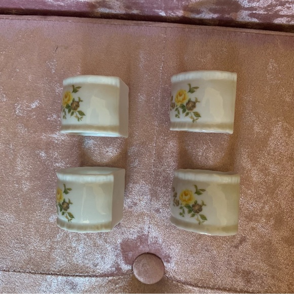 Four Vintage Porcelain Napkin Rings with Yellow Roses, Flat on One Side - Picture 2 of 6